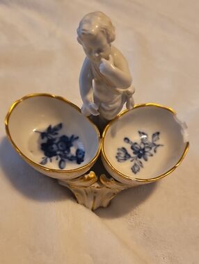 KPM Berlin Antique Porcelain Cherub Salt and Pepper Holder White, Blue and Gold